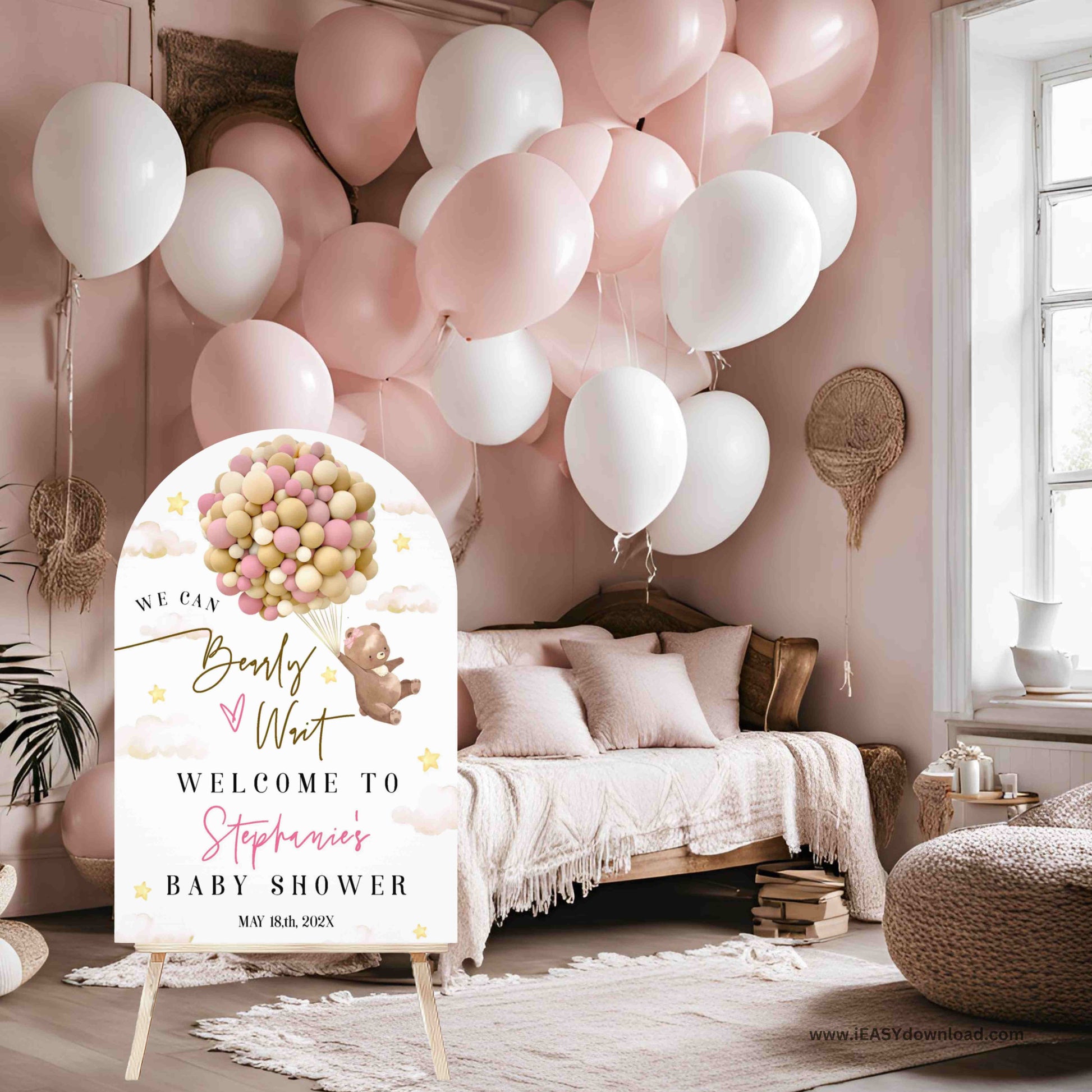 We can bearly wait Teddy bear Balloon for baby girl. Arch Foam Board Sign, Printed and Free Shipping to your door.