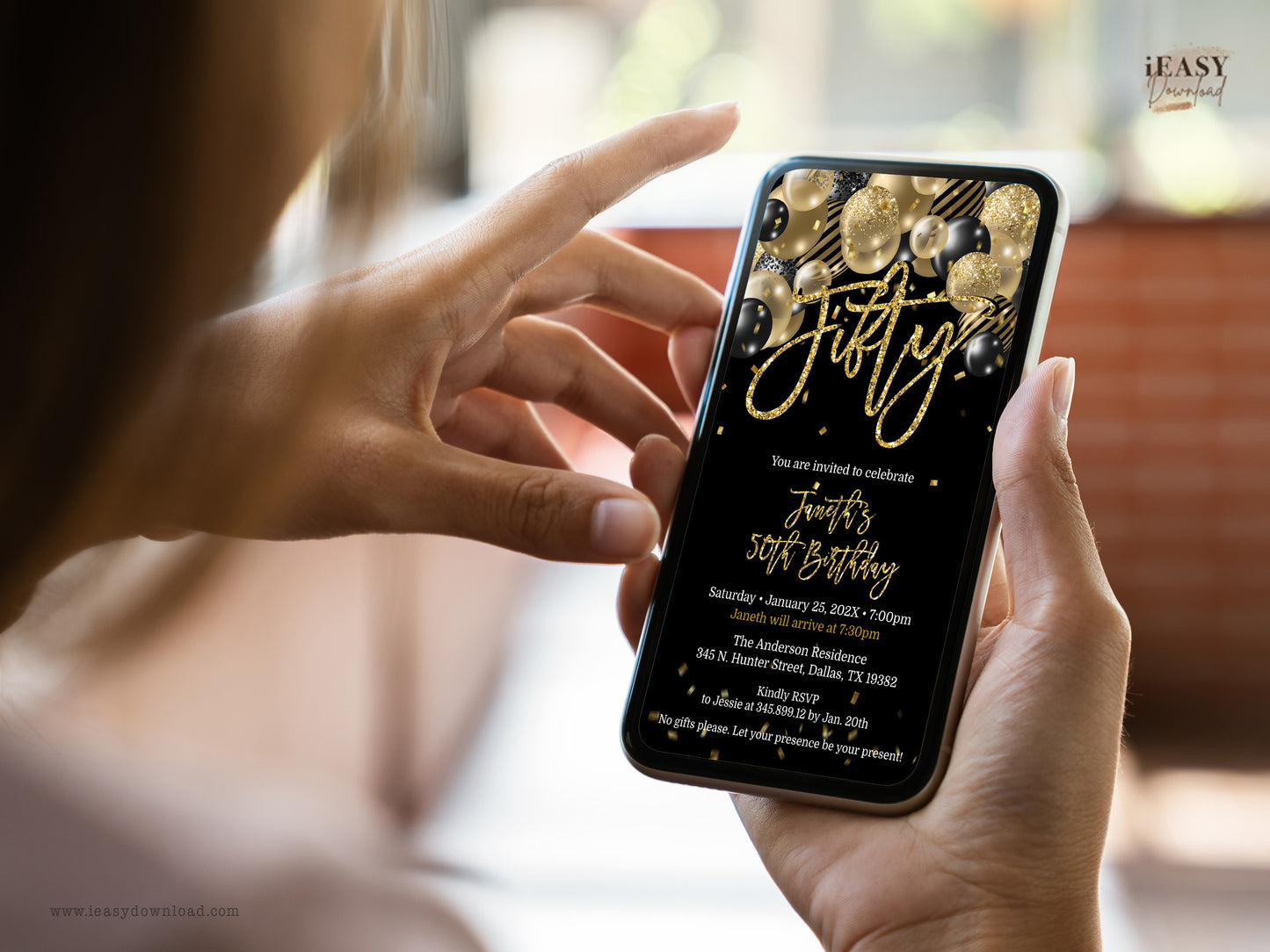 50th Birthday Party • Fifty Birthday Phone Invite • Balloons Black and Gold Theme Party Ideas • SMS text message - #TMC14