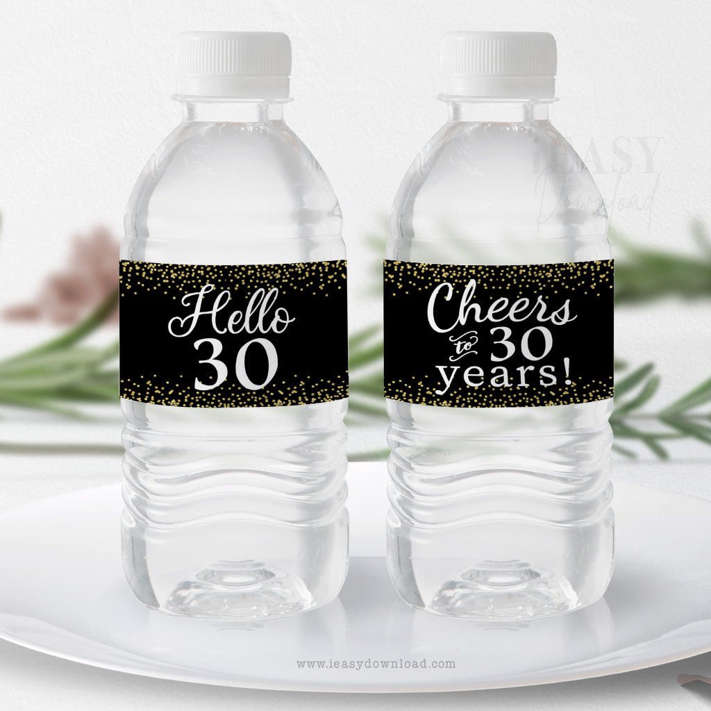 Gold Confetti 30th Birthday Party • Cheers to 30 Years • Hello 30 • Printable Water Bottle Labels - #CPTA
