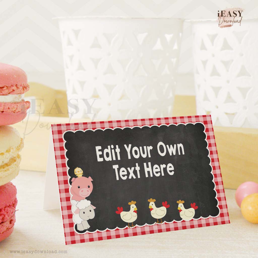 Editable Tent Cards Set of 4 • Farm Animals Themed Food Menu • Red Gingham Template Cards - #2A