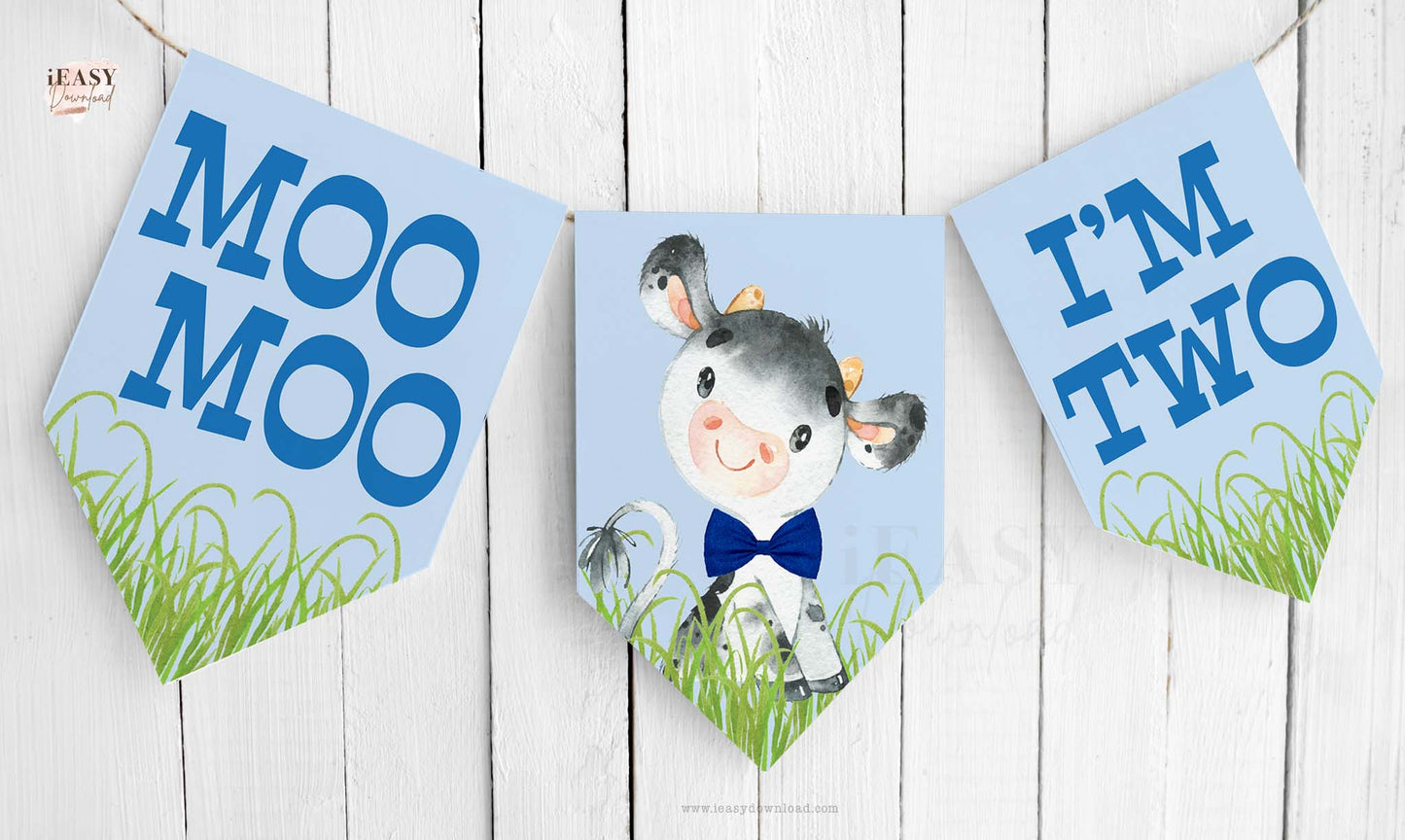 Cow Themed Birthday Banner Party Decoration, I am TWO
