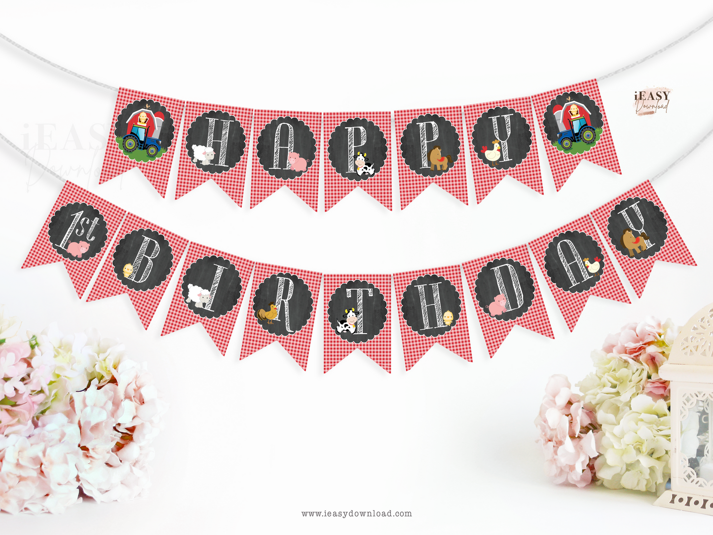 Farm Animals Birthday Party Banner • Happy 1st Birthday Banner • Farm Tractor • Red GinghamEditable Banner - #GR2