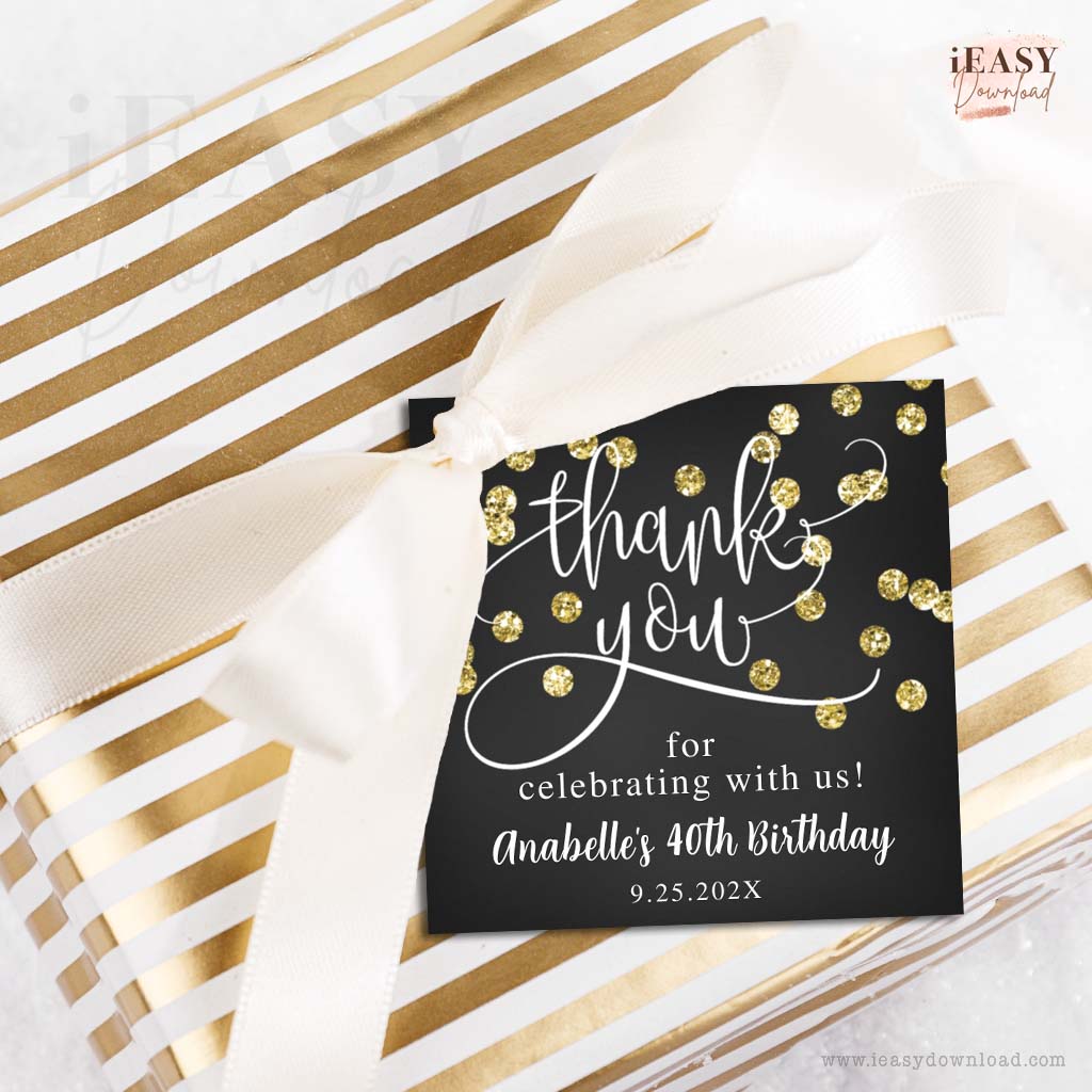 this is a Gold Glitter Confetti and Black design for a thank you tag for a favor gift, birthday party