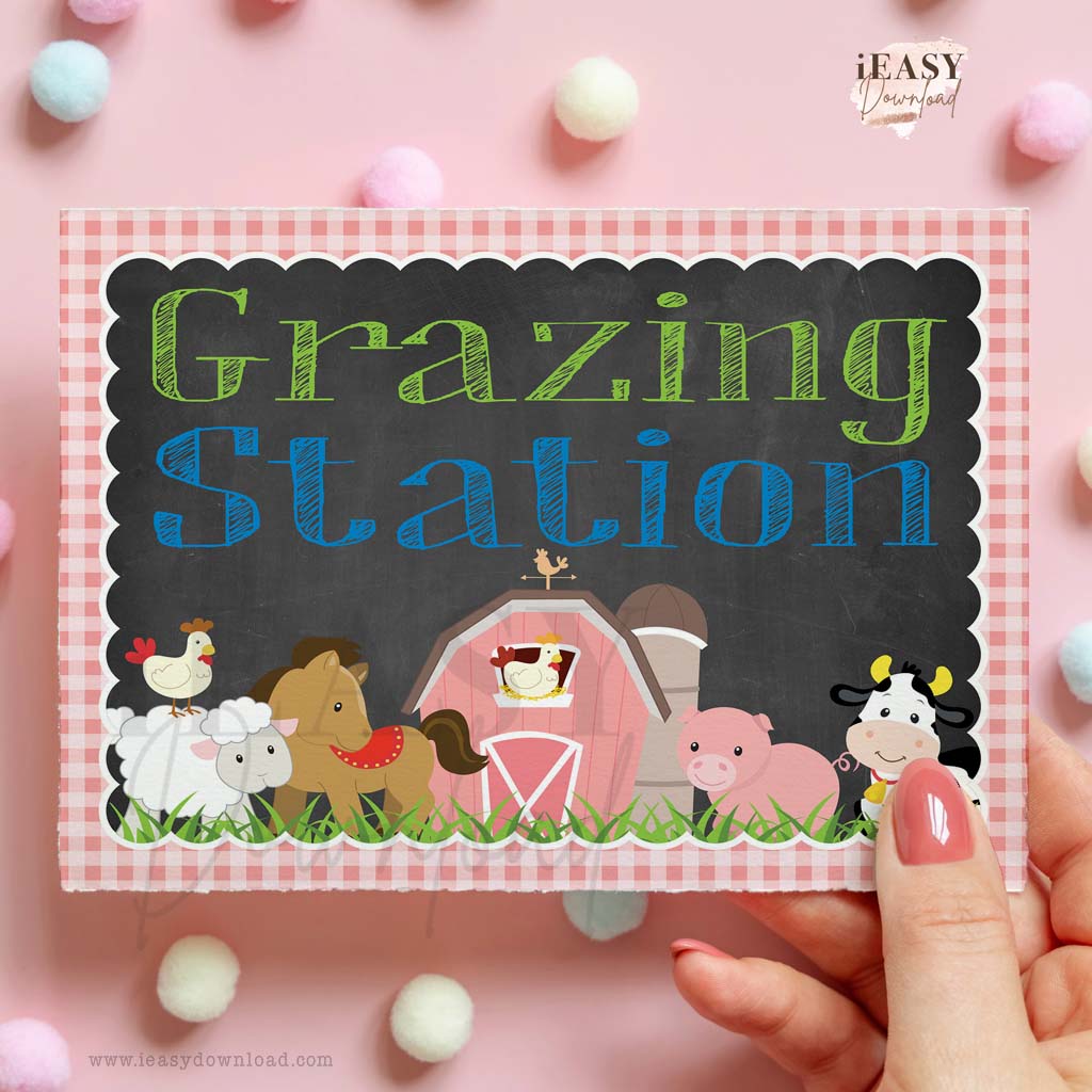 pink gingham farm themed grazing station party sign