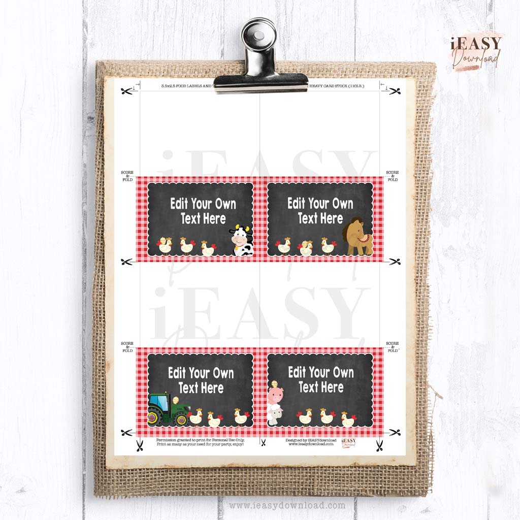 Editable Tent Cards Set of 4 • Farm Animals Themed Food Menu • Red Gingham Template Cards - #2A