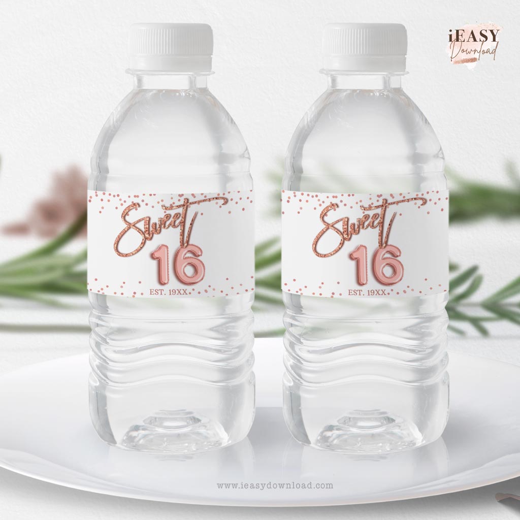 Printable Sweet 16 Water Bottle Label • Rose Gold Confetti Themed • 8x2 inches Label Print Yourself - #TMC31