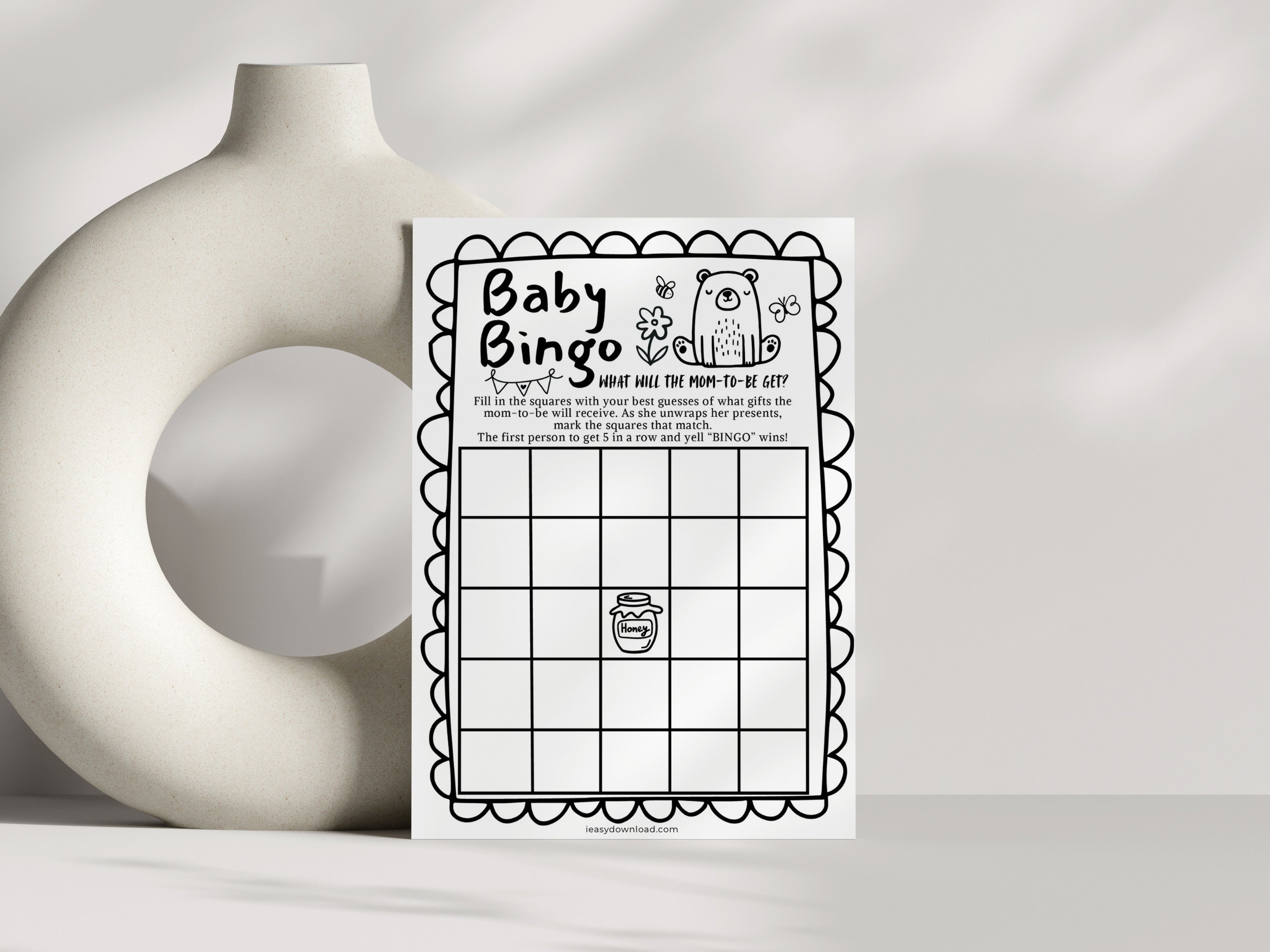 This is a baby shower Baby Bingo Game Ready to purchase and print at home. Black and white Doodle Art Bear theme
