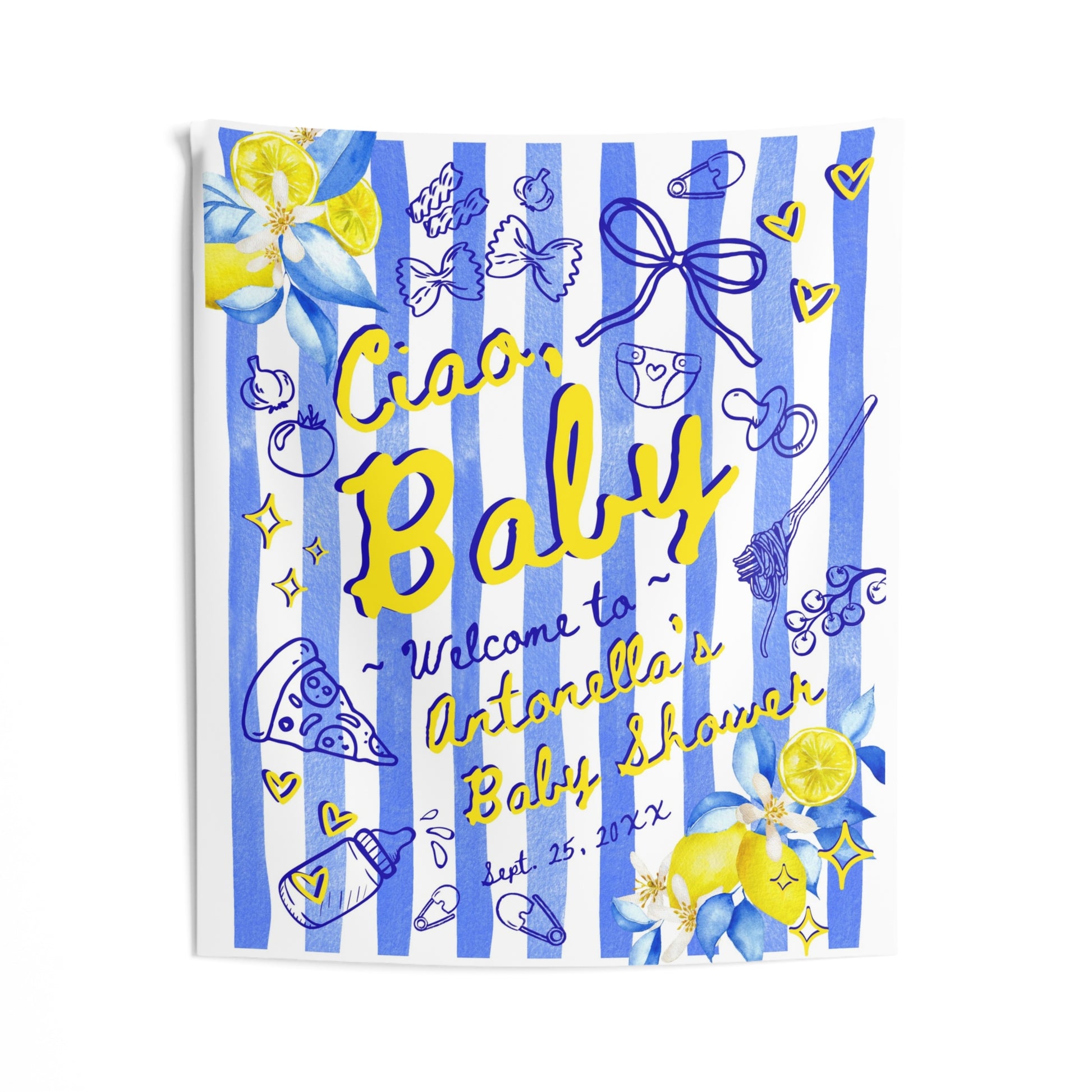 Baby shower invitation with blue and yellow design elements on a white background