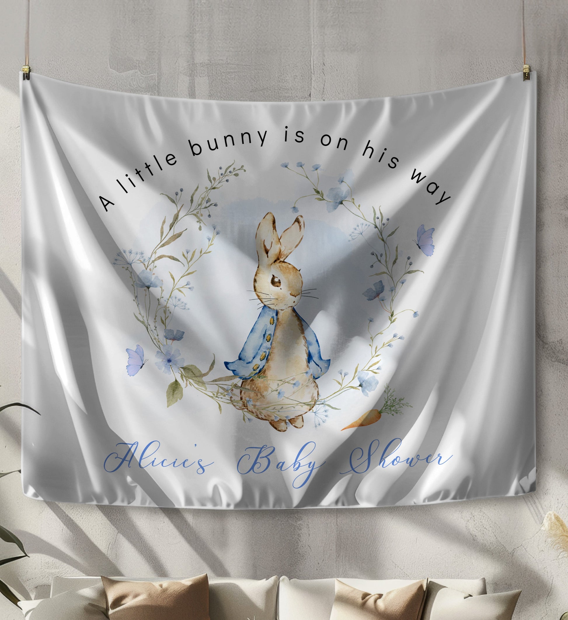 this is a tapesrry baby shower backdrop decoration - peter rabbit boy theme