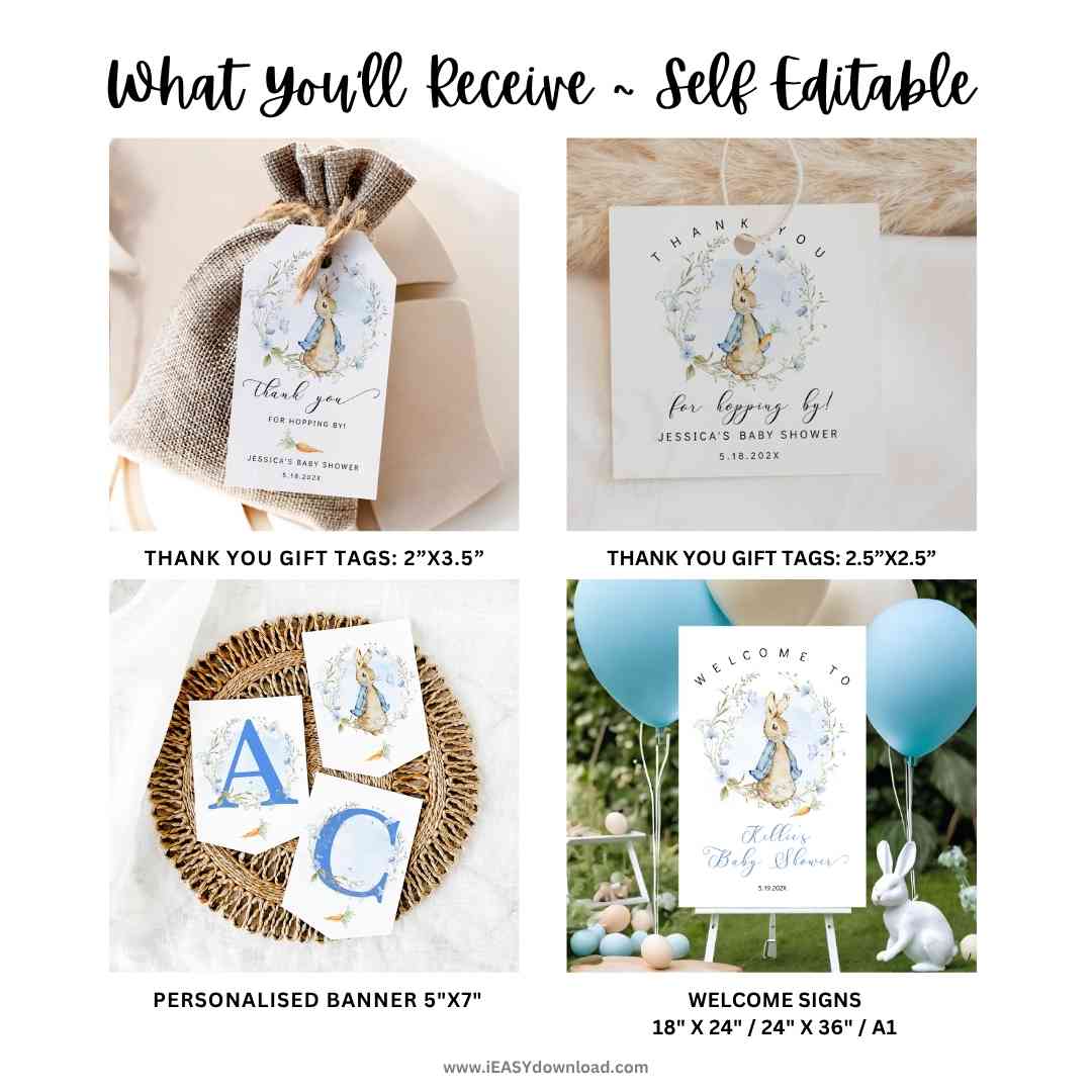 Editable Peter Rabbit Baby Boy Shower Bundle Kit, A Little Bunny is on the way