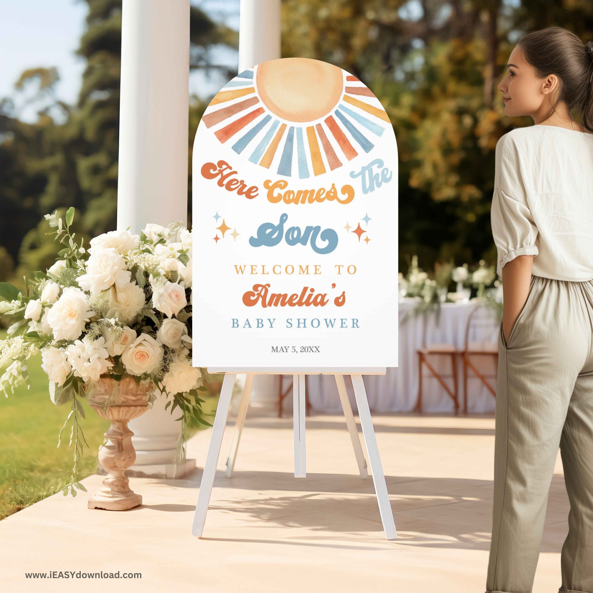 Here comes the son Baby shower theme. This is a bright sign with colorful text and sun design on a white background. Printed and shipped to you today! Free shipping