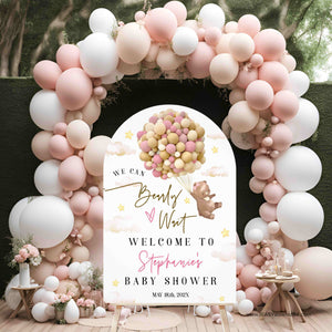 We can bearly wait Teddy bear Balloon for baby girl. Arch Foam Board Sign, Printed and Free Shipping to your door.