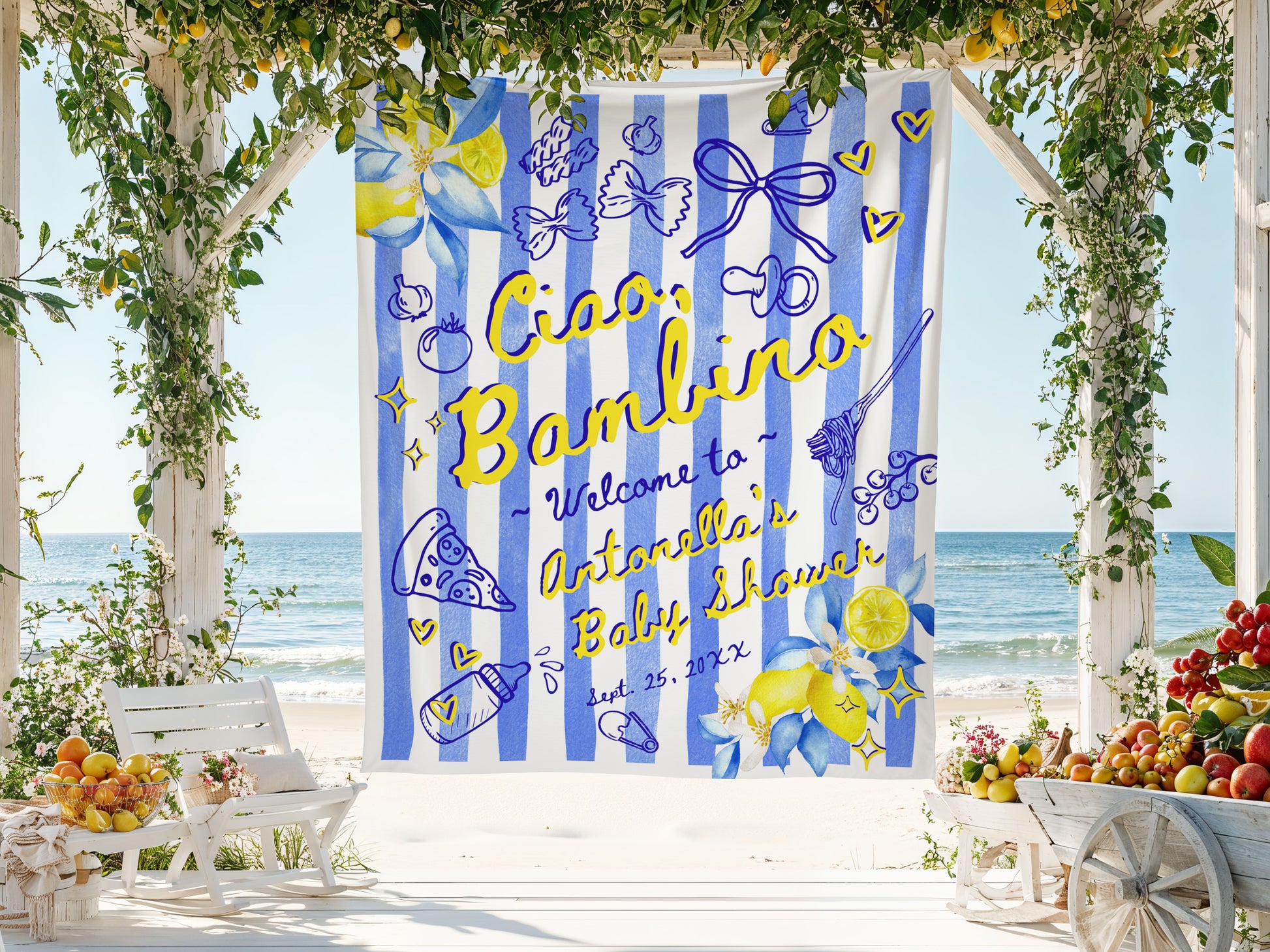 Decorative banner with 'Ciao, Bambino' text and beach scenery in the background