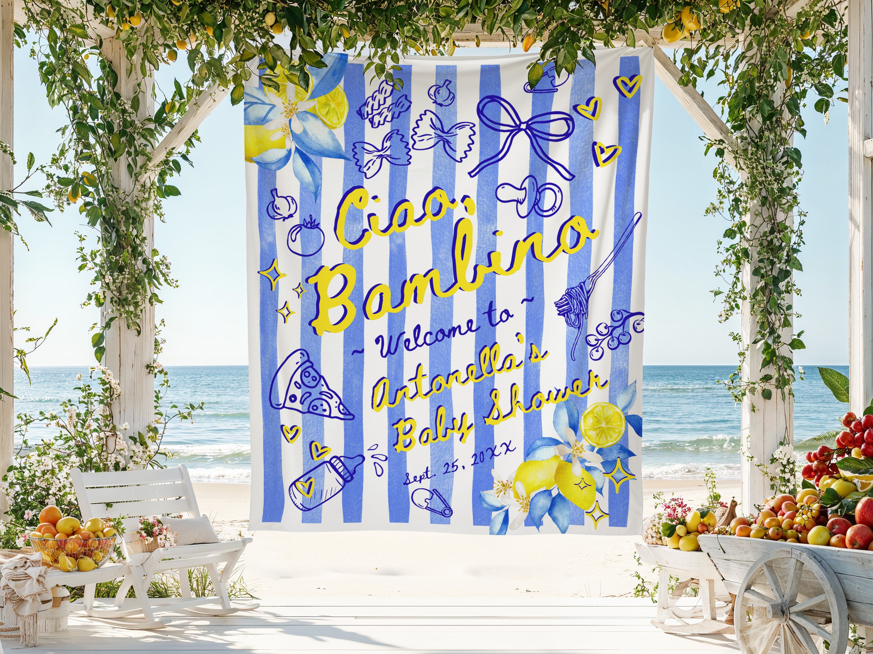 Decorative banner with 'Ciao, Bambino' text and beach scenery in the background