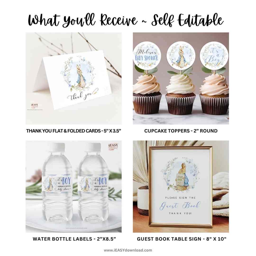 Editable Peter Rabbit Baby Boy Shower Bundle Kit, A Little Bunny is on the way