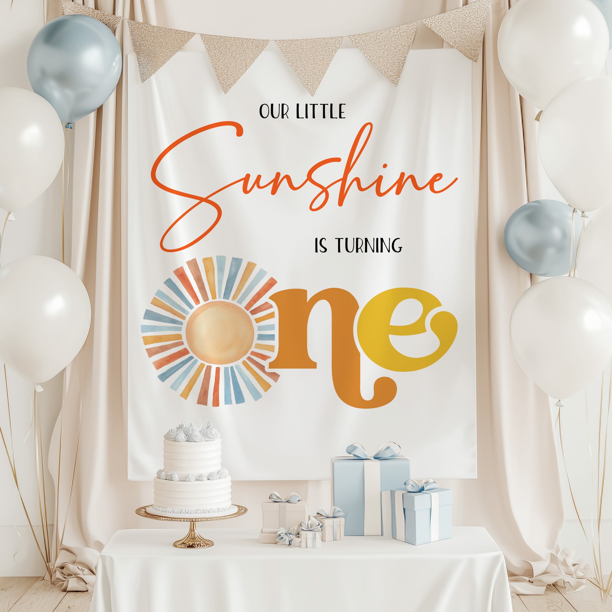 Choose to personalize or not this beautiful backdrop banner with 'Our Little Sunshine is Turning One' text display indoor birthday decoration. Print and Free shipping