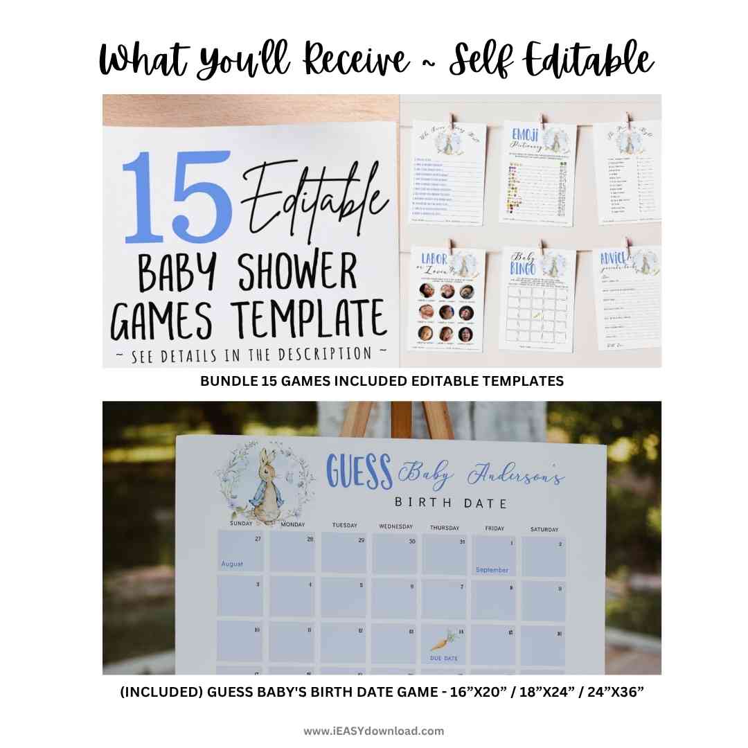 Editable Peter Rabbit Baby Boy Shower Bundle Kit, A Little Bunny is on the way