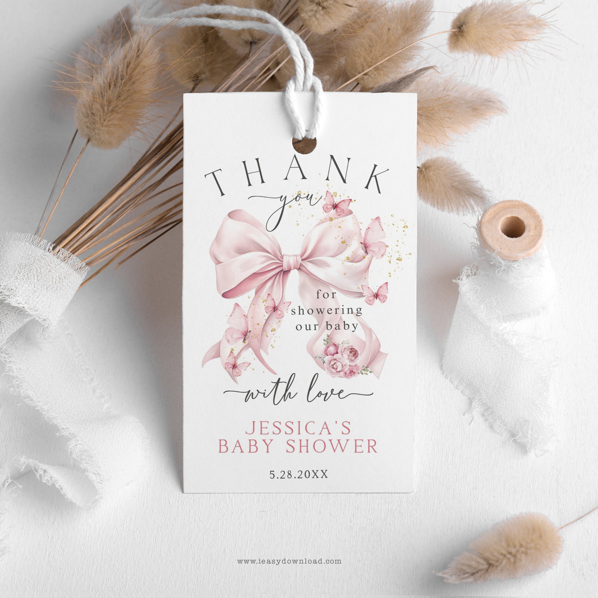 butterflies with pink bow Thank You Hang Tag Printable. DIY. Edit, Download and print today.