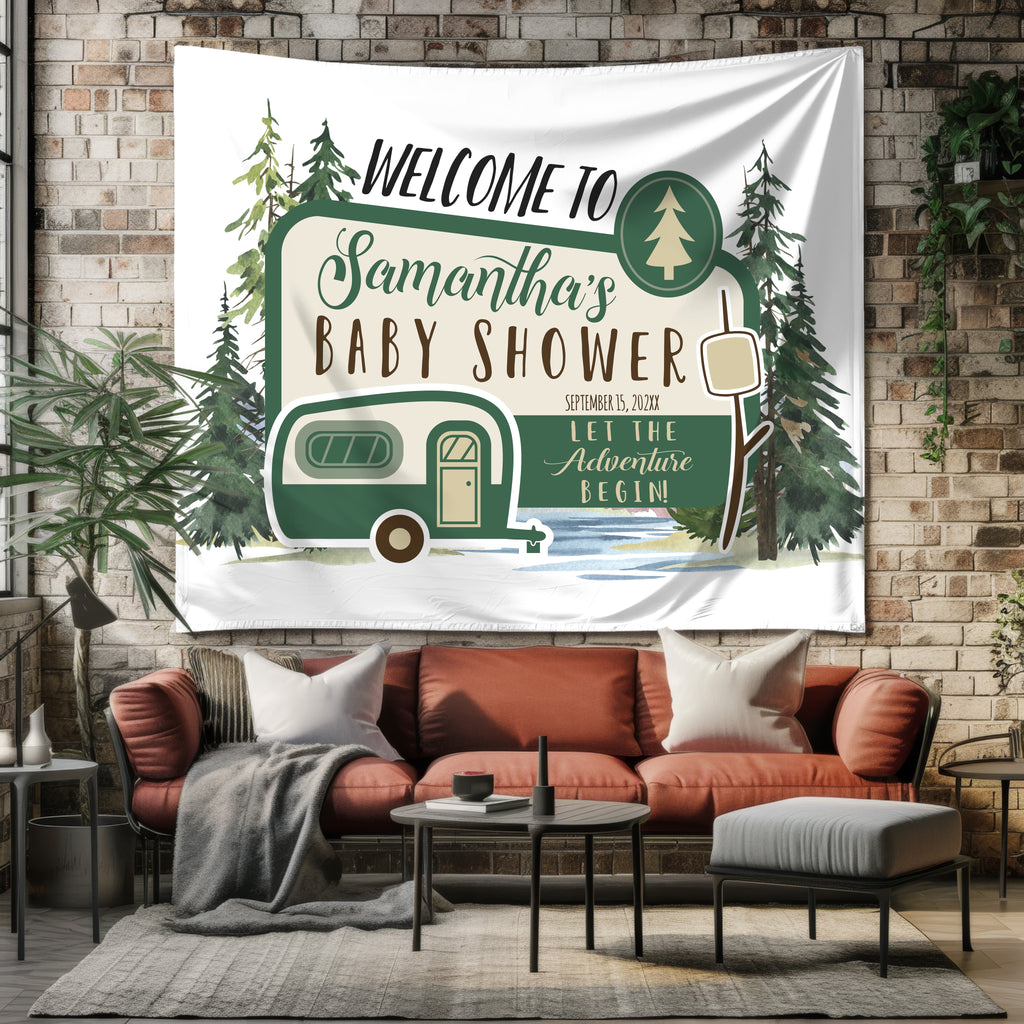 Baby shower banner with camper design in a living room setting