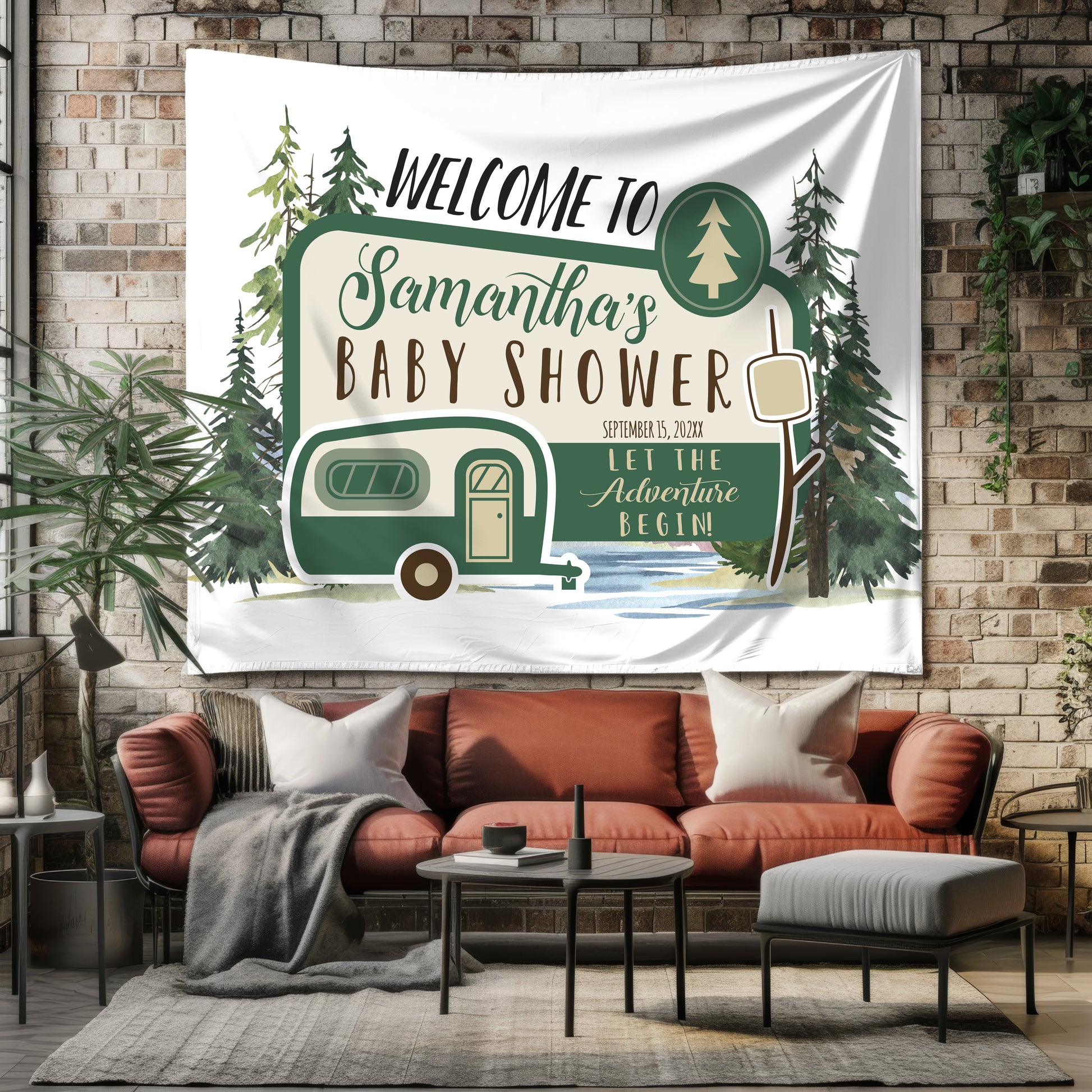 Baby shower banner with camper design in a living room setting