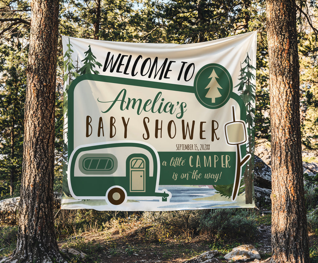 A little Camping in on the way backdrop banner baby shower outdoor party. Made to order banner 