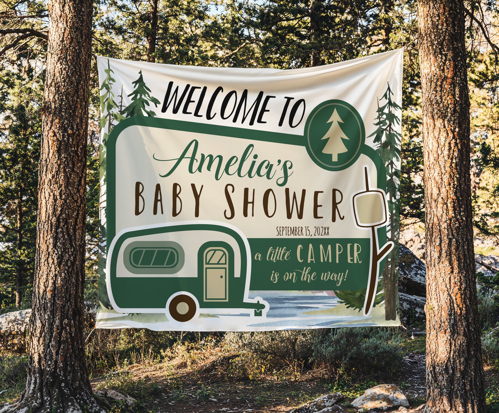 A little Camping in on the way backdrop banner baby shower outdoor party. Made to order banner 