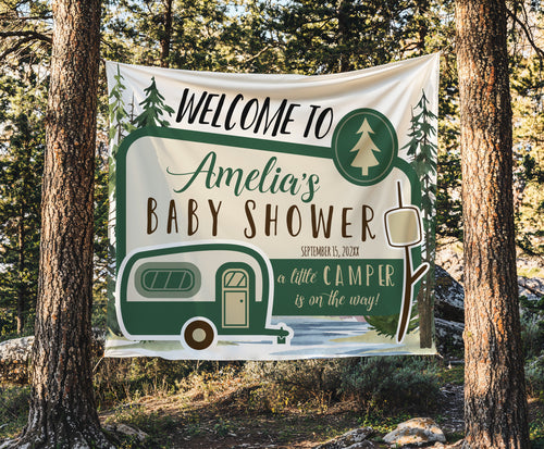 A little Camping in on the way backdrop banner baby shower outdoor party. Made to order banner 