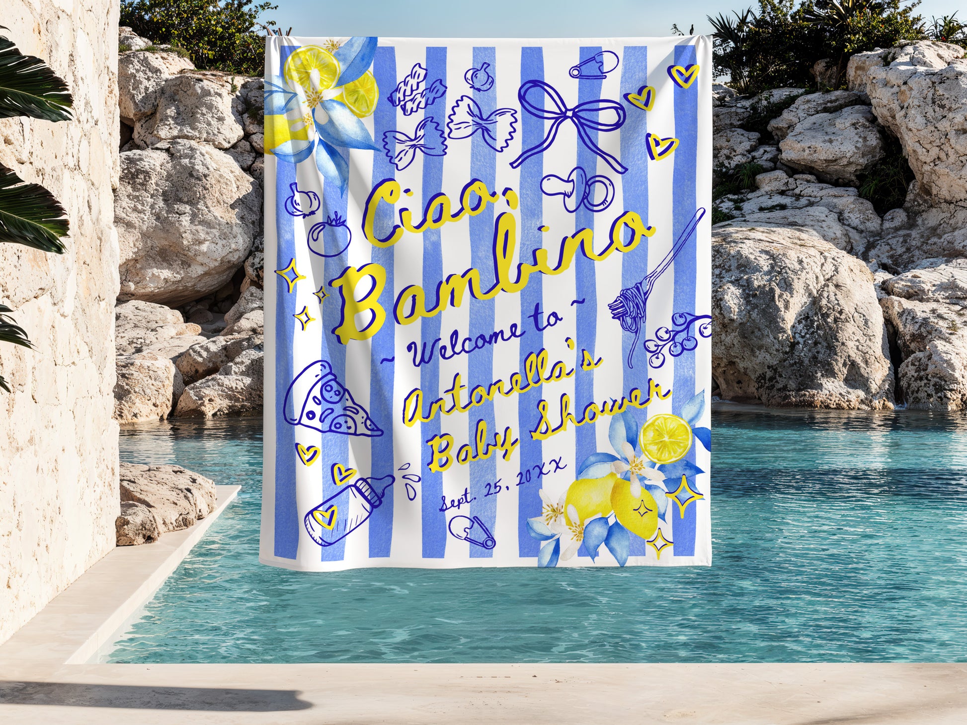 Baby shower banner with blue and white stripes, yellow elements, and text by a poolside.