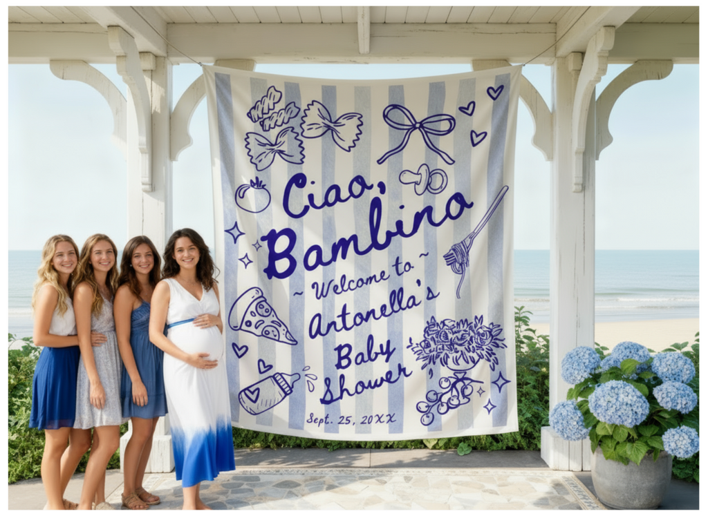 Ciao Bambino Red Hand Drawn Italian Pasta Pizza Theme Backdrop Tapestry Banner