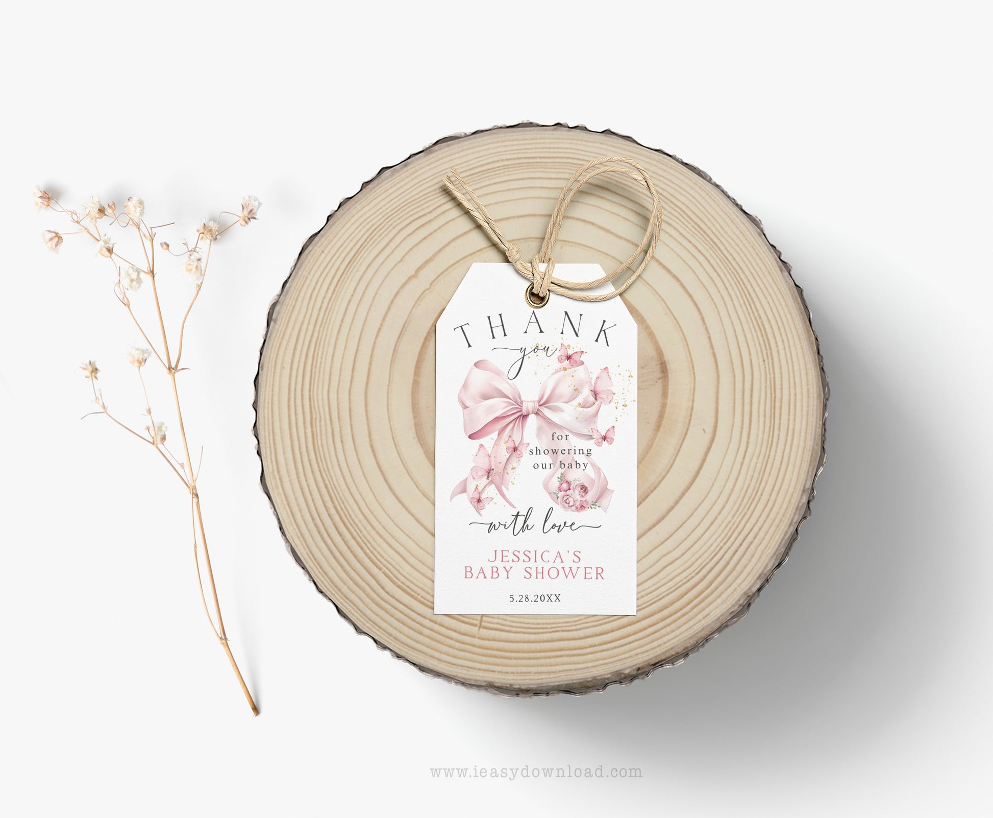Coquette pink ribbon with butterflies Gift Tag