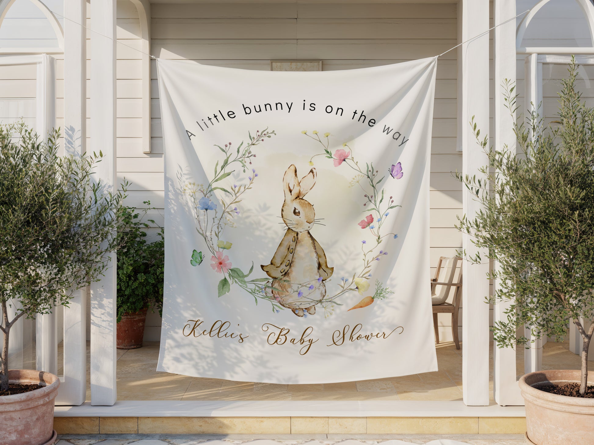 This is a Polyester fabric backdrop Banner Peter Rabbit Gender Neutral Baby Shower Decoration Print and FREE Shipping.