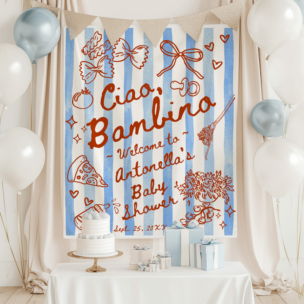 Ciao Bambino Red Hand Drawn Italian Pasta Pizza Theme Backdrop Tapestry Banner. Red and blue stripes