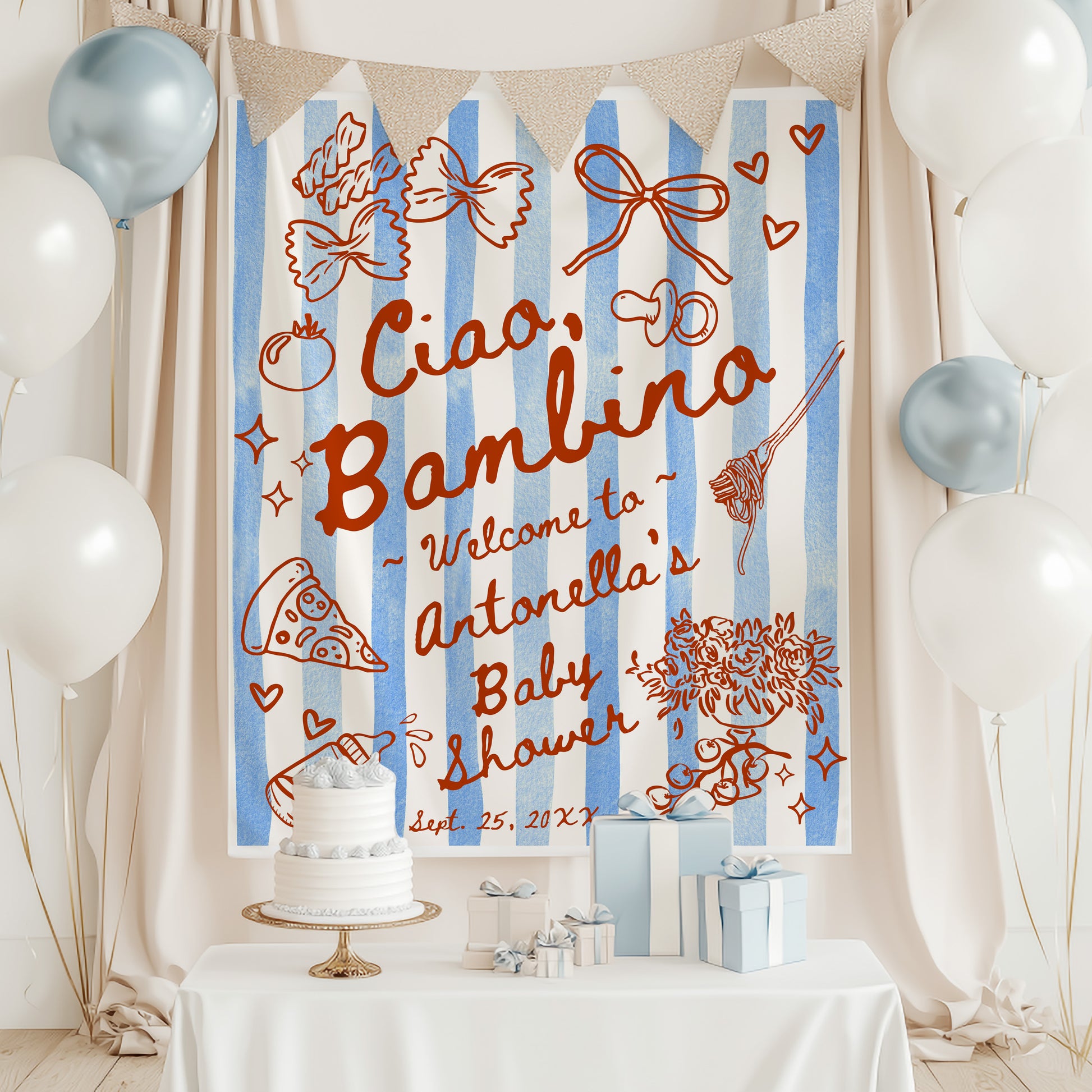 Ciao Bambino Red Hand Drawn Italian Pasta Pizza Theme Backdrop Tapestry Banner. Red and blue stripes