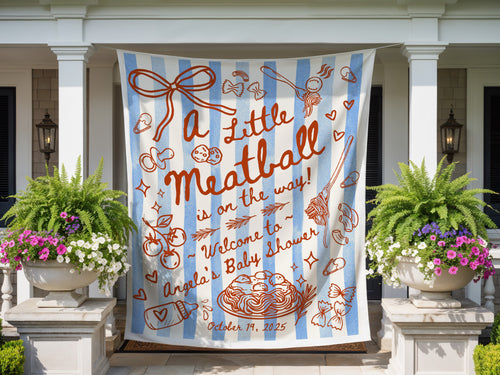 A little meatball is on the way, personalized backdrop tapestry banner. Red graphic and text with Blue Stripes as background
