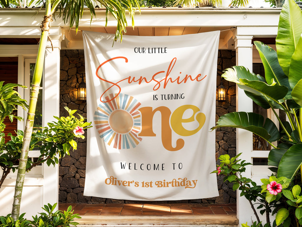 Decorative backdrop banner with 'Our Little Sunshine is Turning One' text display outside birthday decoration. Print and Free shipping