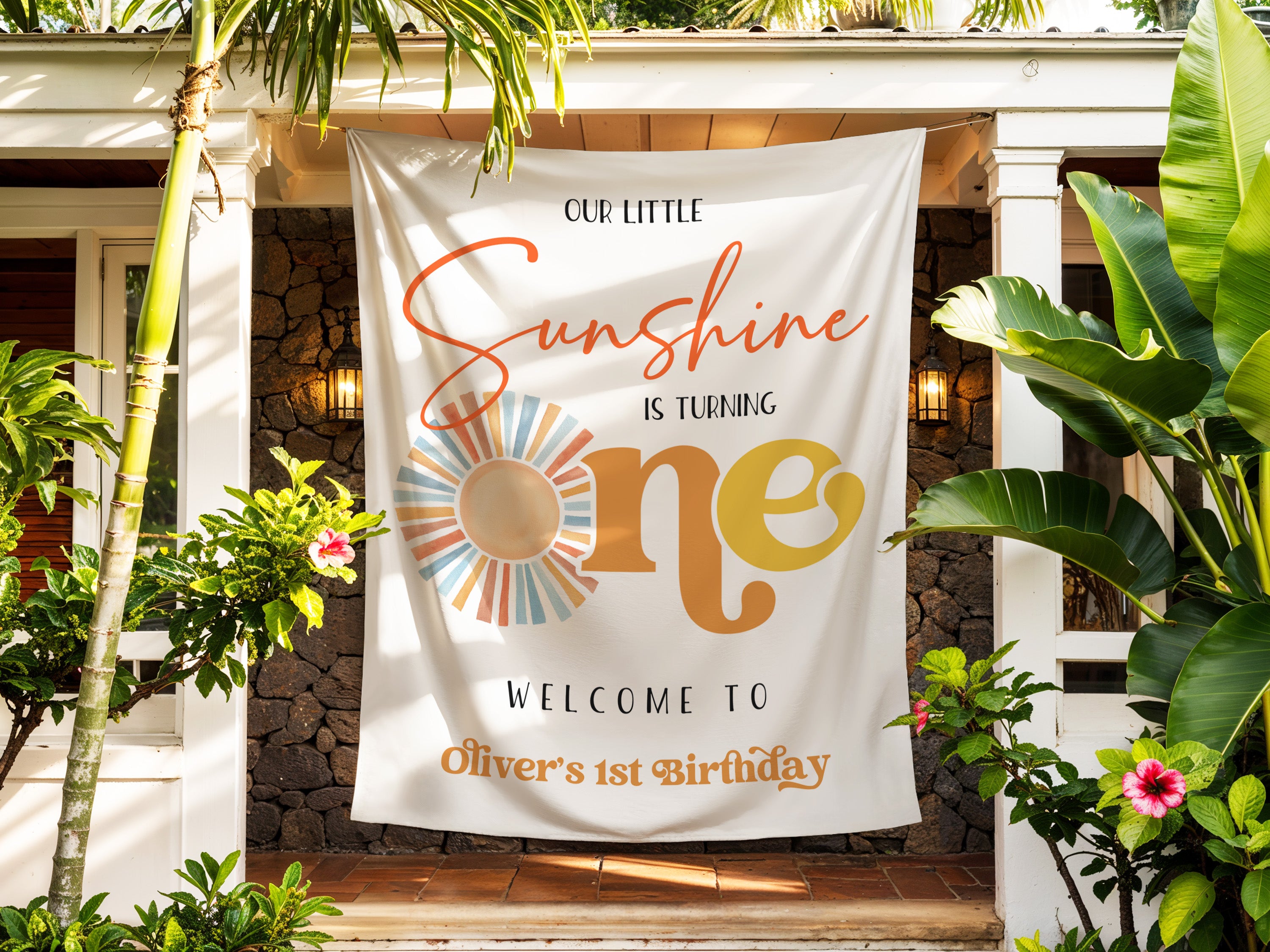 Decorative backdrop banner with 'Our Little Sunshine is Turning One' text display outside birthday decoration. Print and Free shipping