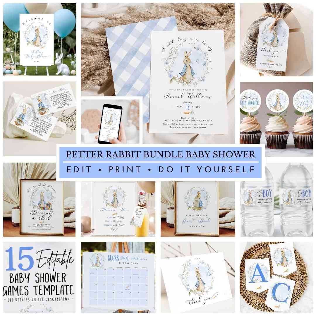 Editable Peter Rabbit Baby Boy Shower Bundle Kit, A Little Bunny is on the way