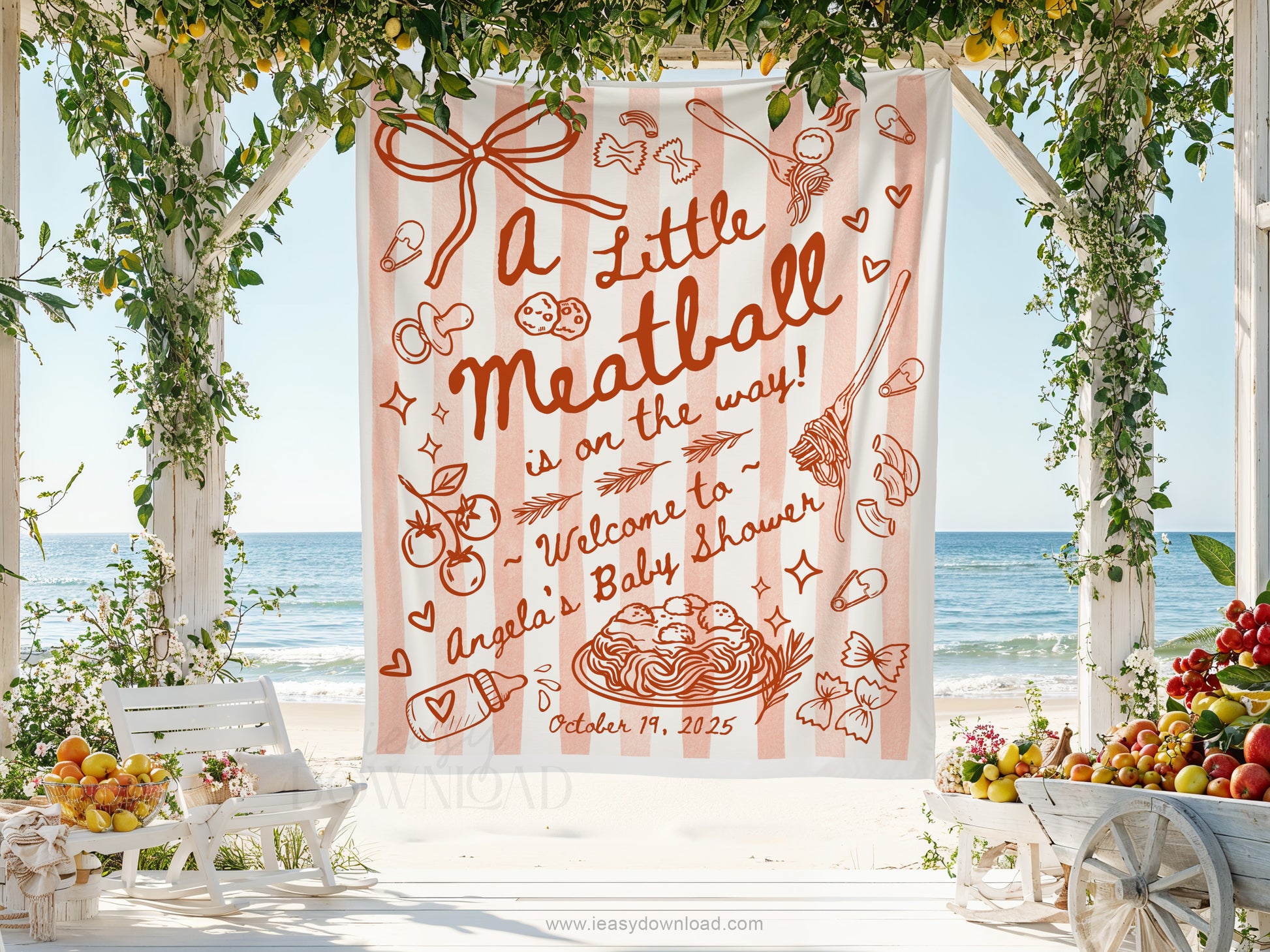 Italian Theme Baby Shower A Little Meatball on the Way Backdrop Tapestry. Red and Red for a baby boy or girl