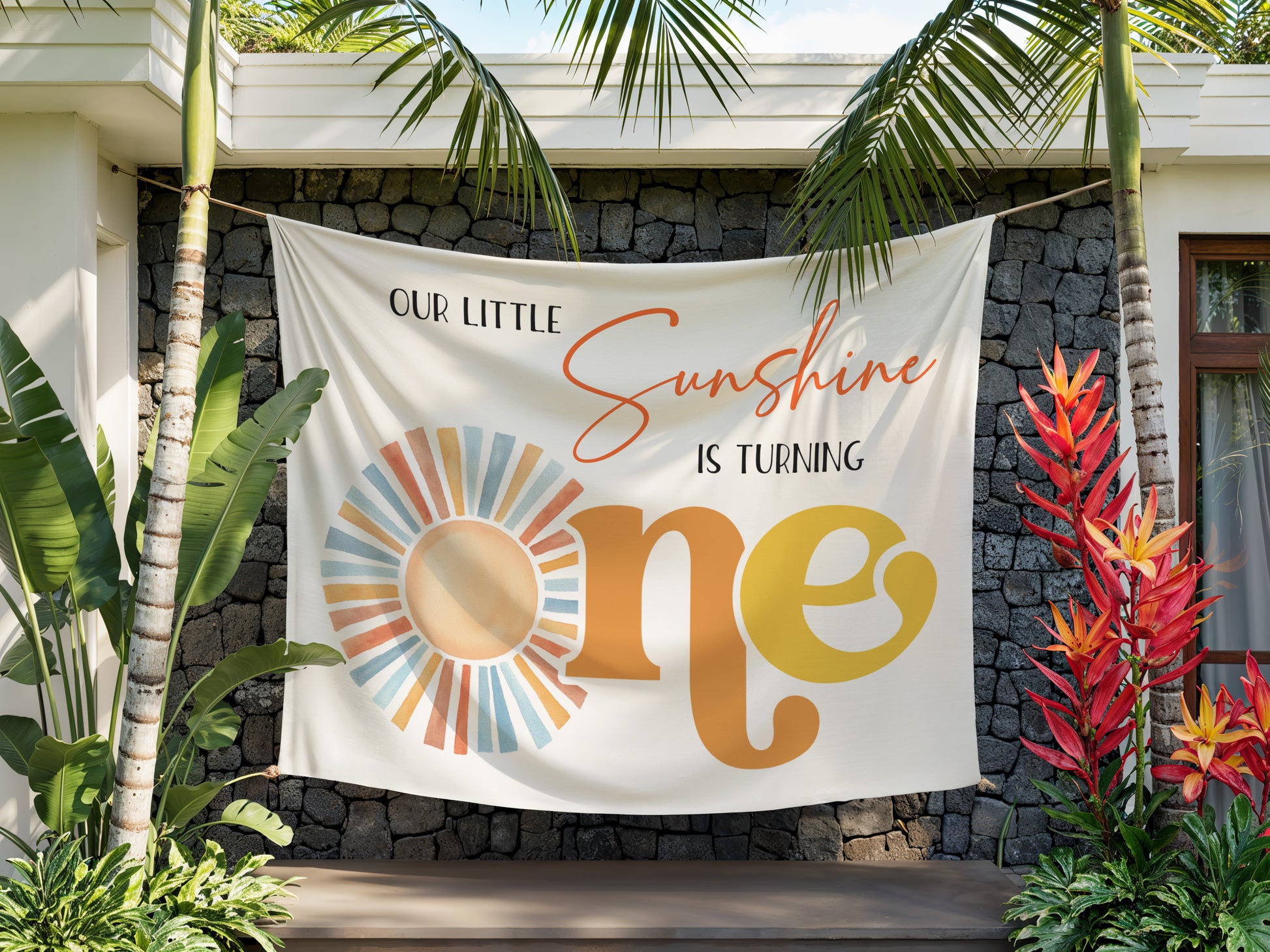 Decorative backdrop banner with 'Our Little Sunshine is Turning One' text display outside birthday decoration. Print and Free shipping
