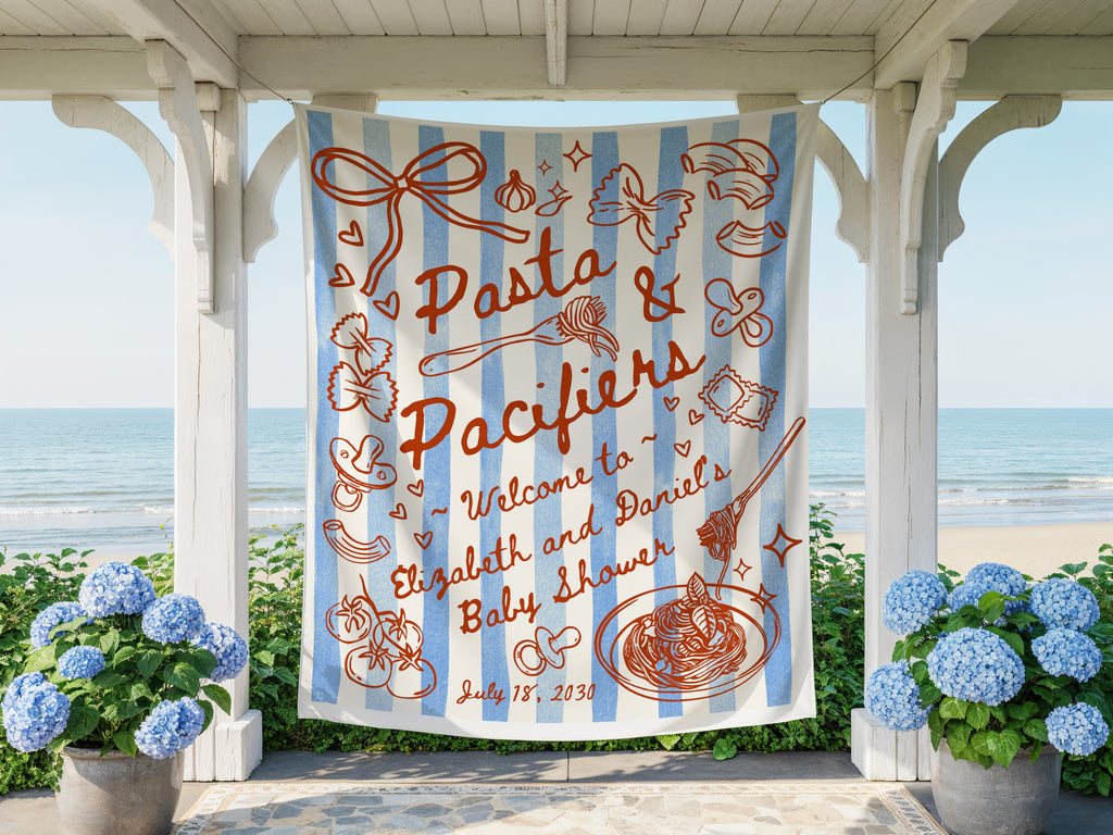 Red Text and Graphic with Blue Stripes Background Tapestry Decoration for Italian Baby Shower theme