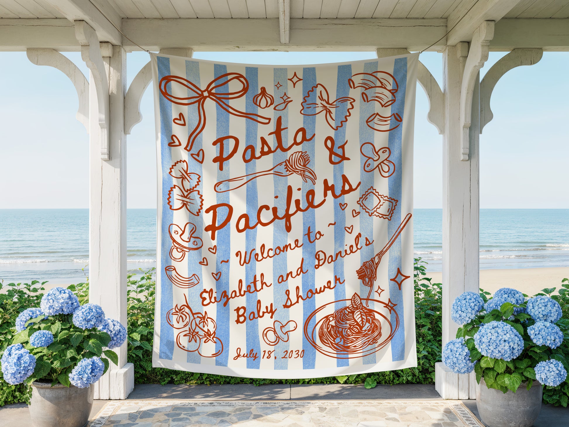 Red Text and Graphic with Blue Stripes Background Tapestry Decoration for Italian Baby Shower theme