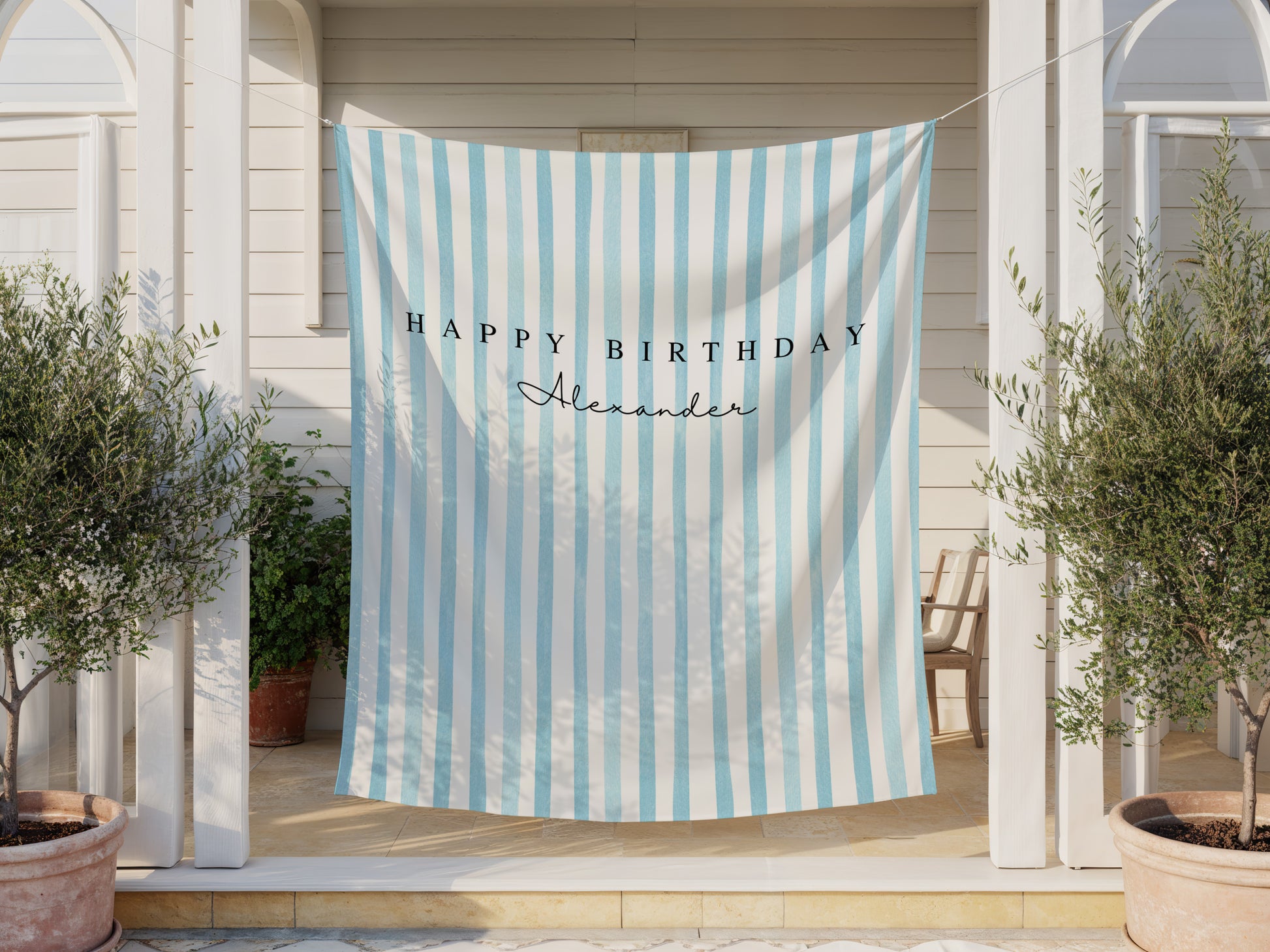 Pastel teal color Stripes Watercolor Birthday Banner Outdoor decoration for any age. Free shipping