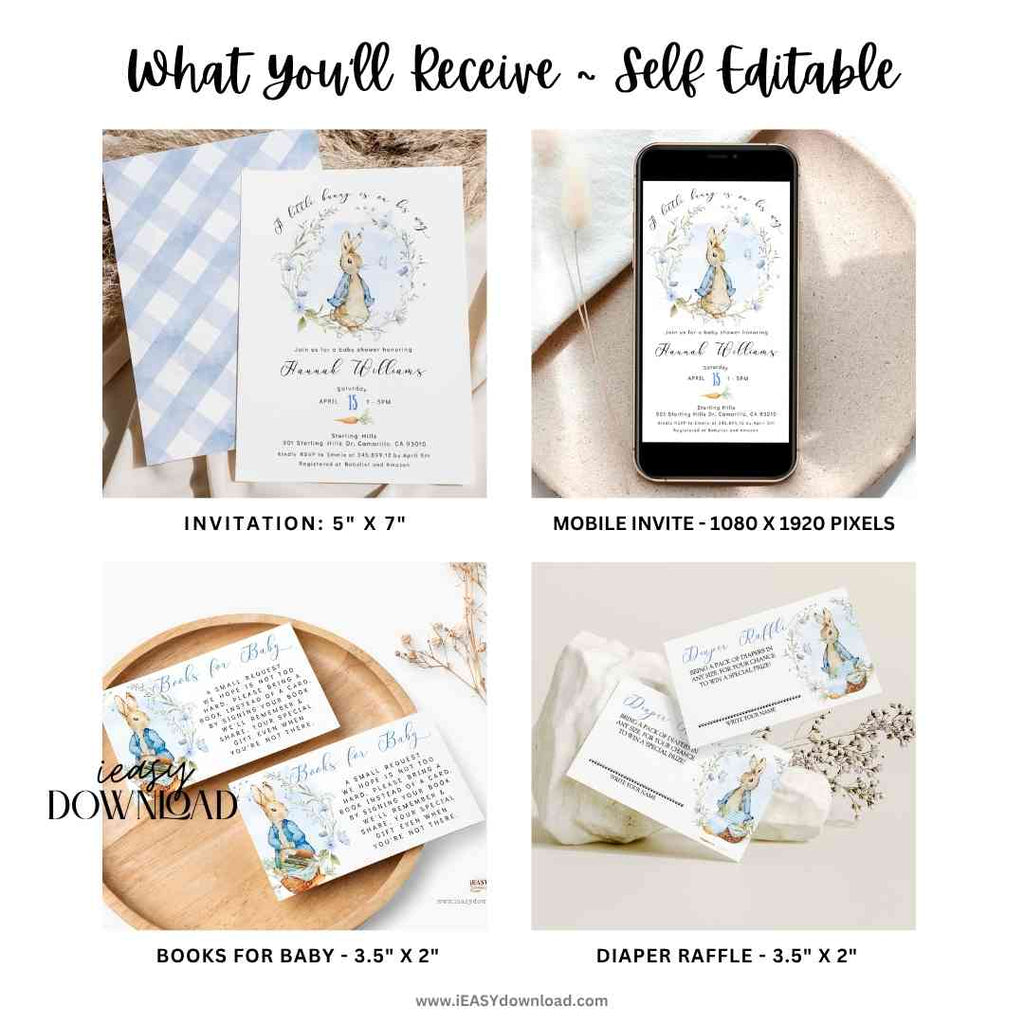 Editable Peter Rabbit Baby Boy Shower Bundle Kit, A Little Bunny is on the way