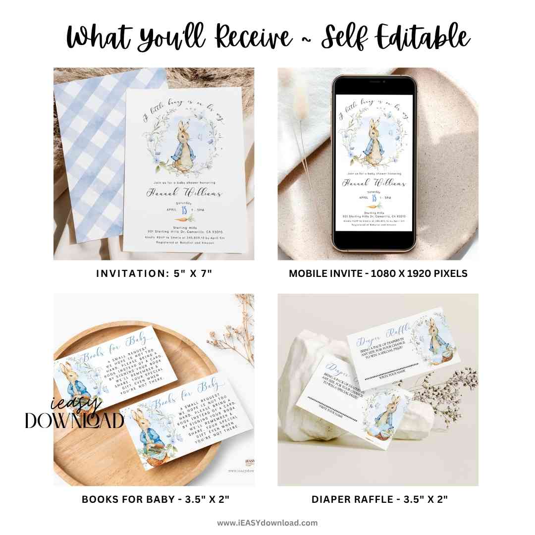 Editable Peter Rabbit Baby Boy Shower Bundle Kit, A Little Bunny is on the way