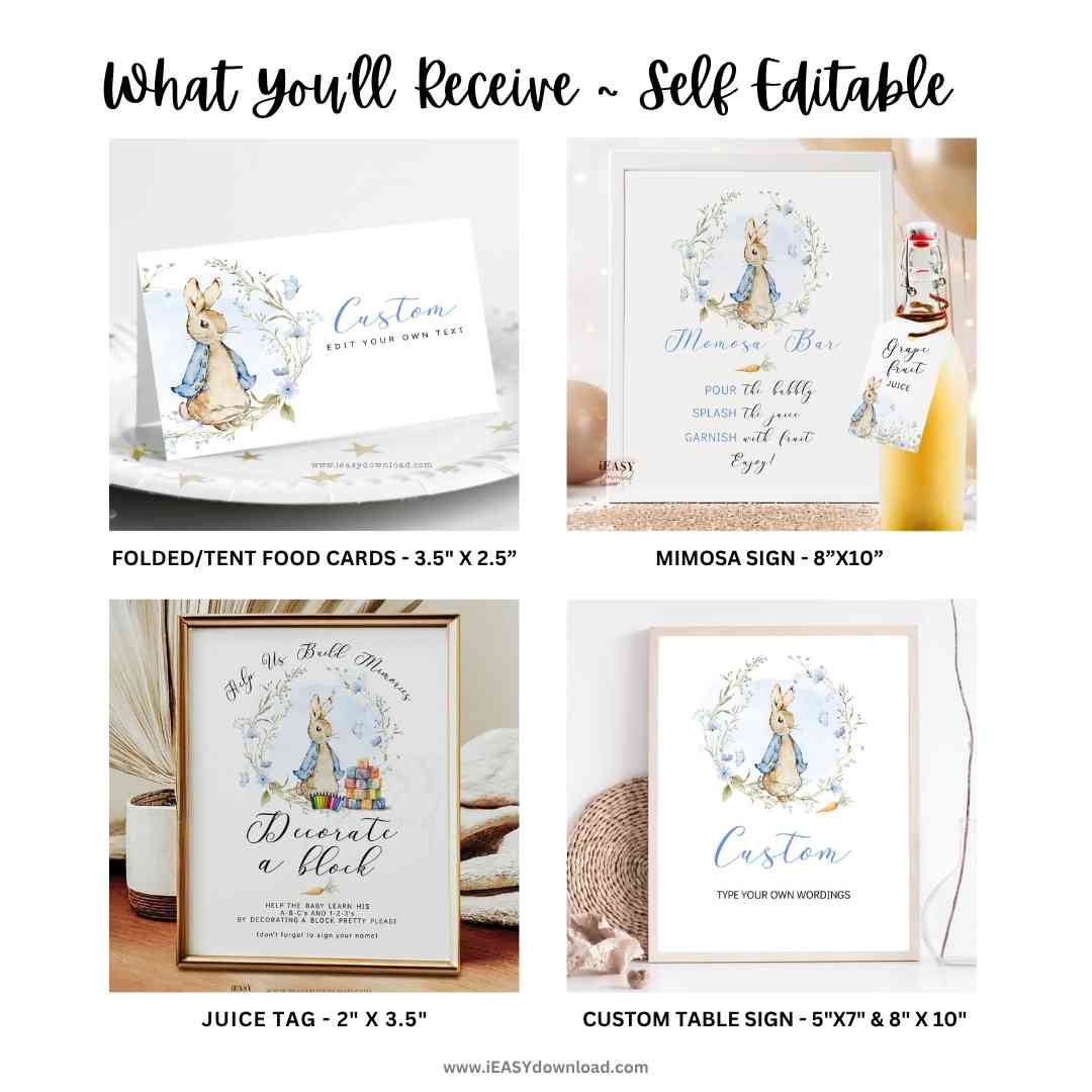 Editable Peter Rabbit Baby Boy Shower Bundle Kit, A Little Bunny is on the way