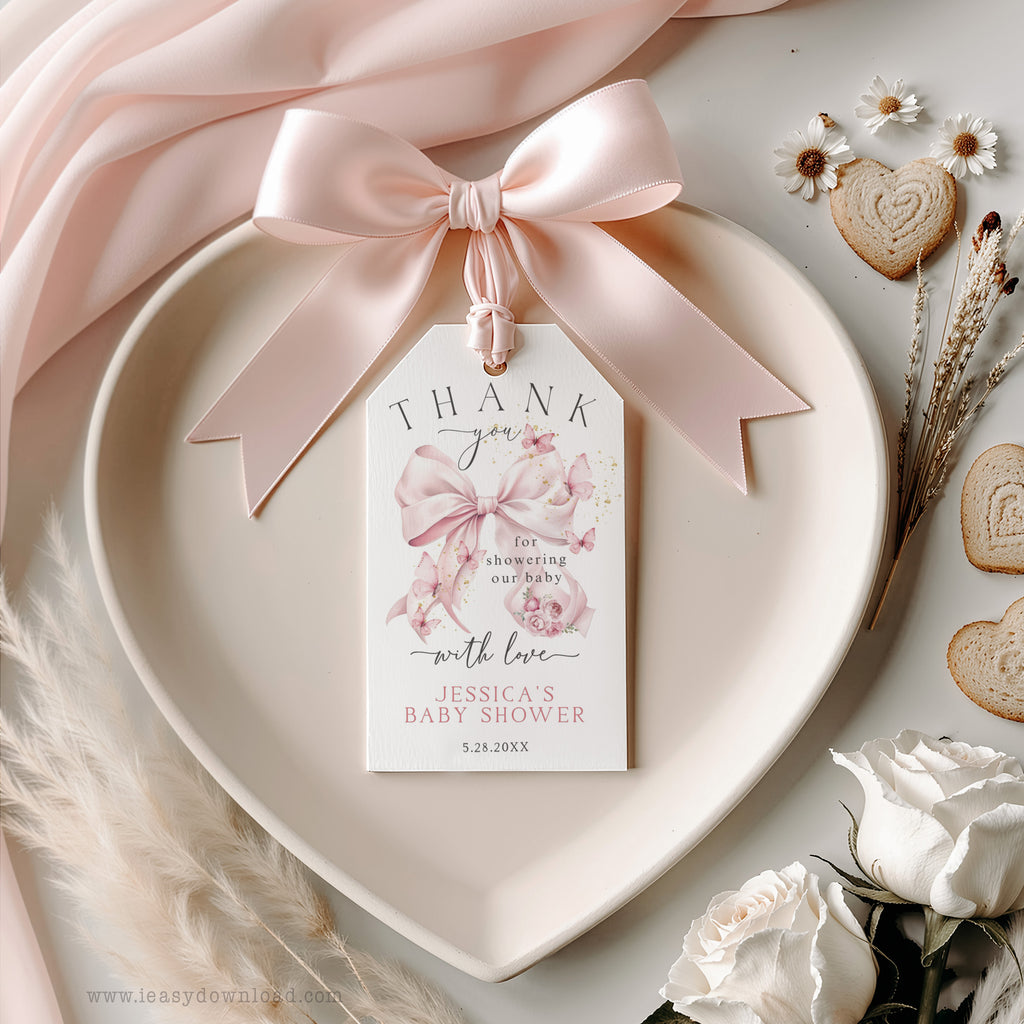 Coquette pink ribbon with butterflies Gift Tag