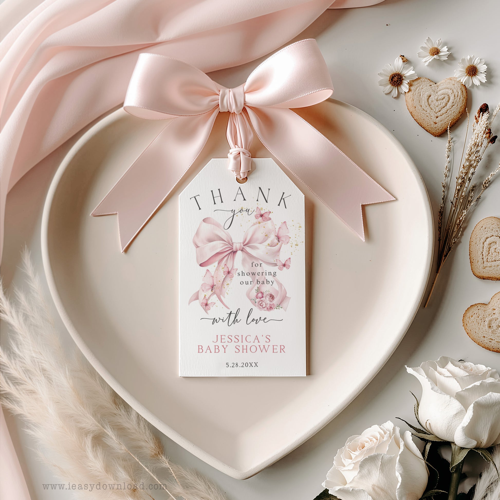Coquette pink ribbon with butterflies Gift Tag