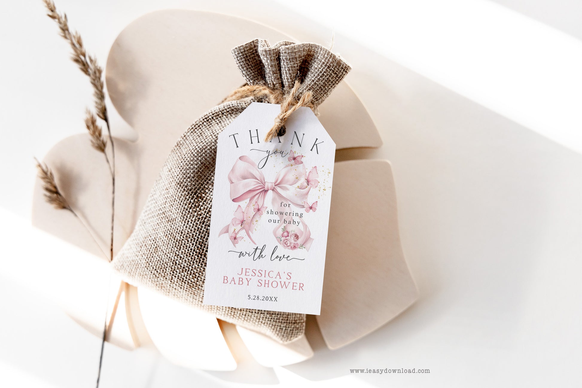 Coquette pink ribbon with butterflies Gift Tag