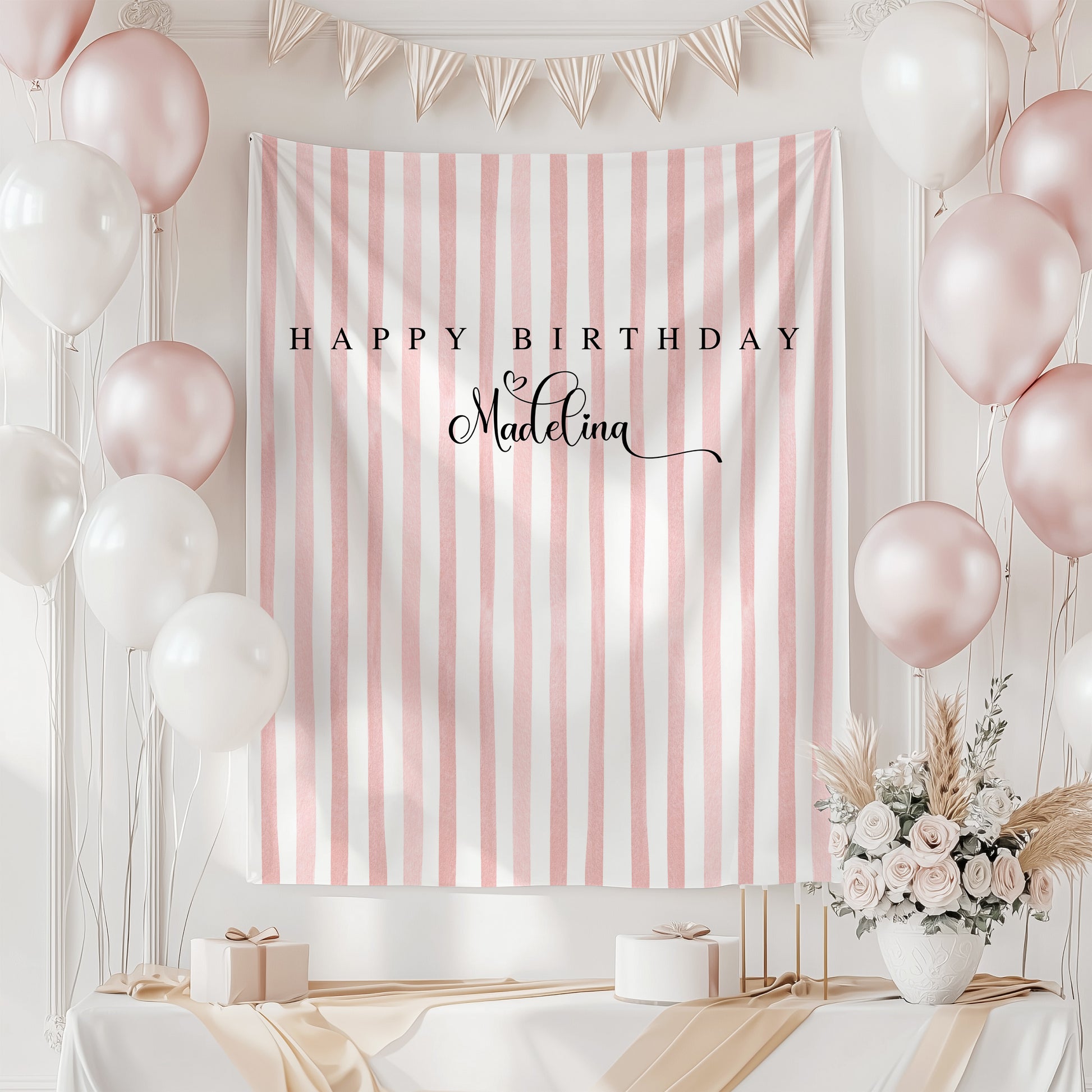 Pastel Teal Stripe WaterColor Happy Birthday Backdrop Tapestry