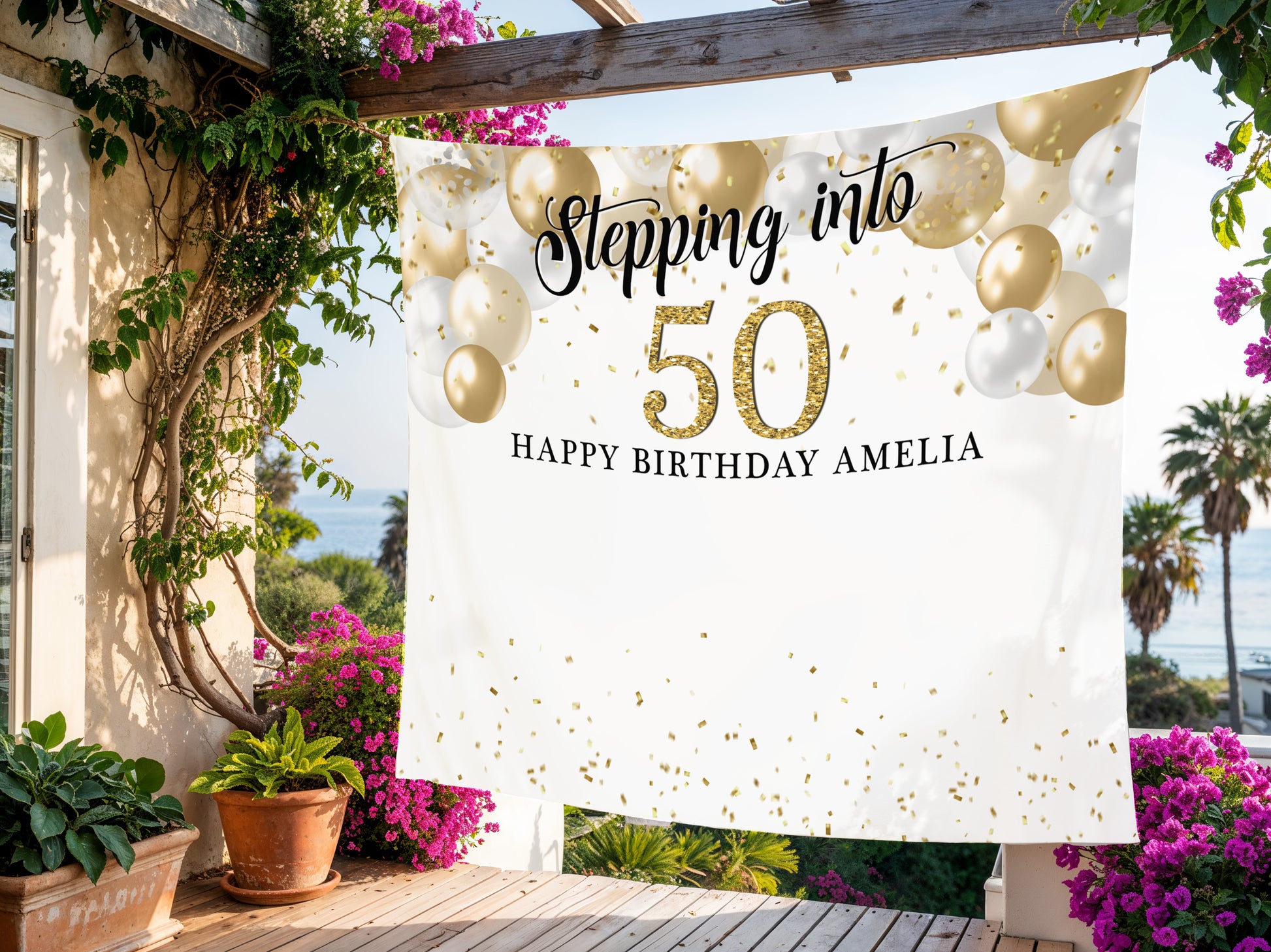 Decorative banner for a 50th birthday celebration with balloons and text, set outdoors Party decorations. Printed and Free Standard Shipped
